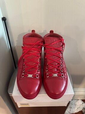 Balenciaga Red Leather Lace-Up Sneakers